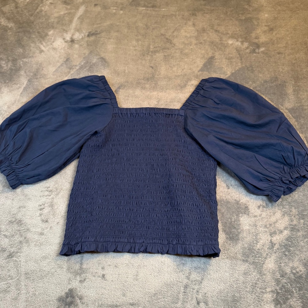 LOFT Smocked Puff Sleeve Blouse Womens Small Navy Blue Square Neck Ruffle - Picture 3 of 8